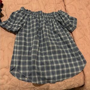 Michael Kors Blue Plaid Off-Shoulder Top